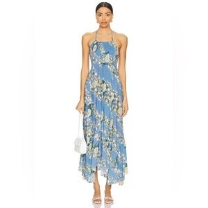 Free People Heat Wave Printed Floral Maxi Dress Size Medium in Allure Blue Combo